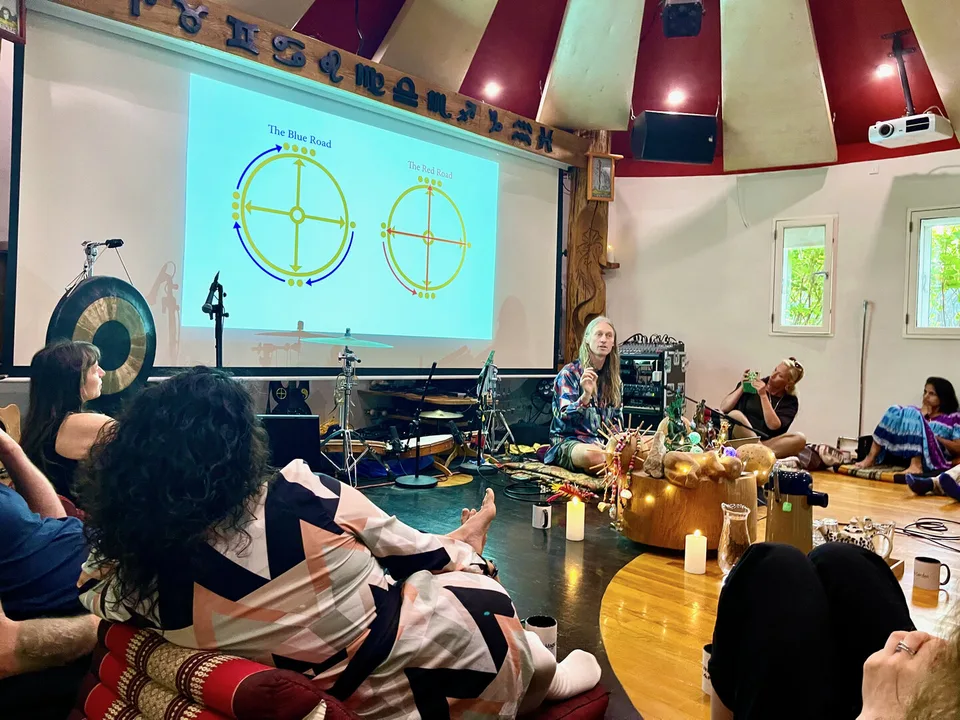 Fredag på ayahuasca-retreatet: Jacob sidder ved lærredet i Rundsalen og fortæller om The Blue Road og The Red Road, mens deltagerne lytter fra madrasserne
