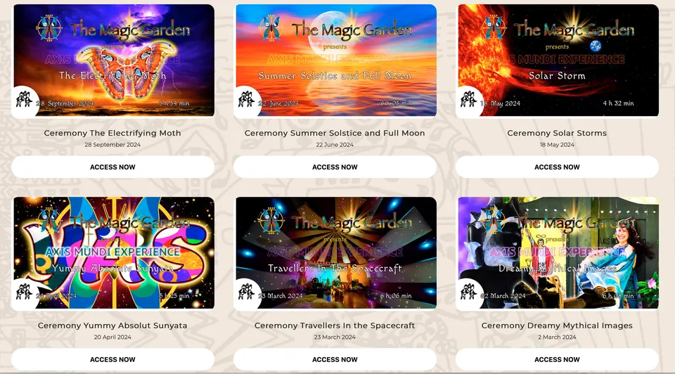 Screenshot of the members' area on themagicgardentribe.com: six recorded ceremonies, each with its own picture, date, length and a button to open it