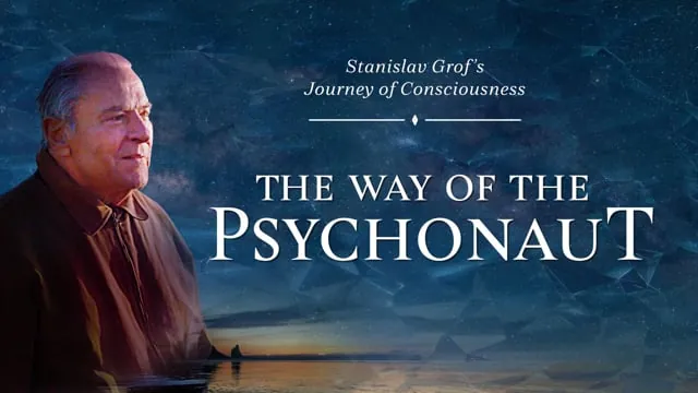 Titelbillede til Stanislav Grofs rejse gennem bevidstheden: Grof i profil foran en stjernehimmel over havet, med teksten The Way of the Psychonaut.